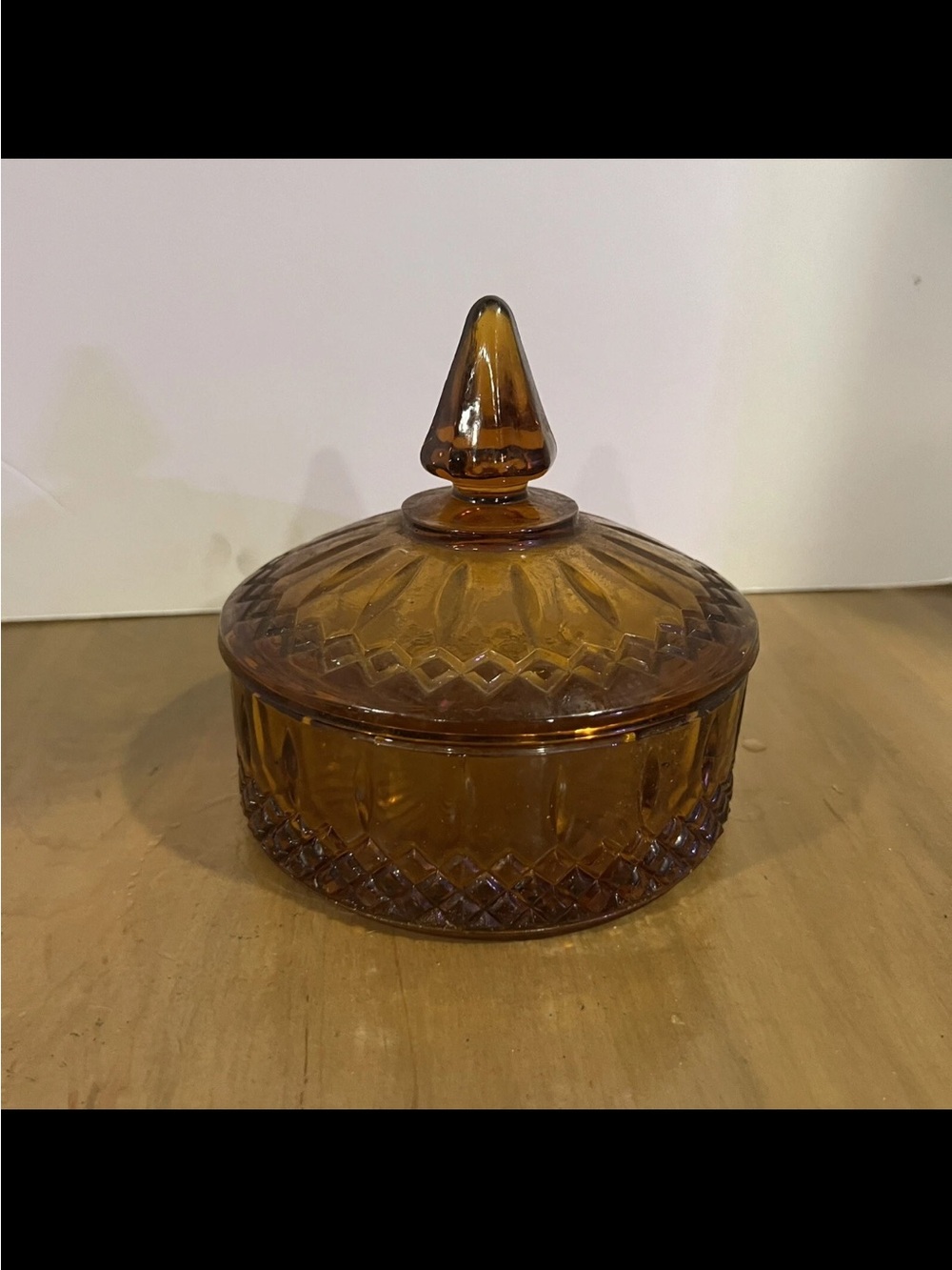 Vintage Indiana Amber Glass Candy Dish with Lid Diamond Princess Pattern 6 Inch